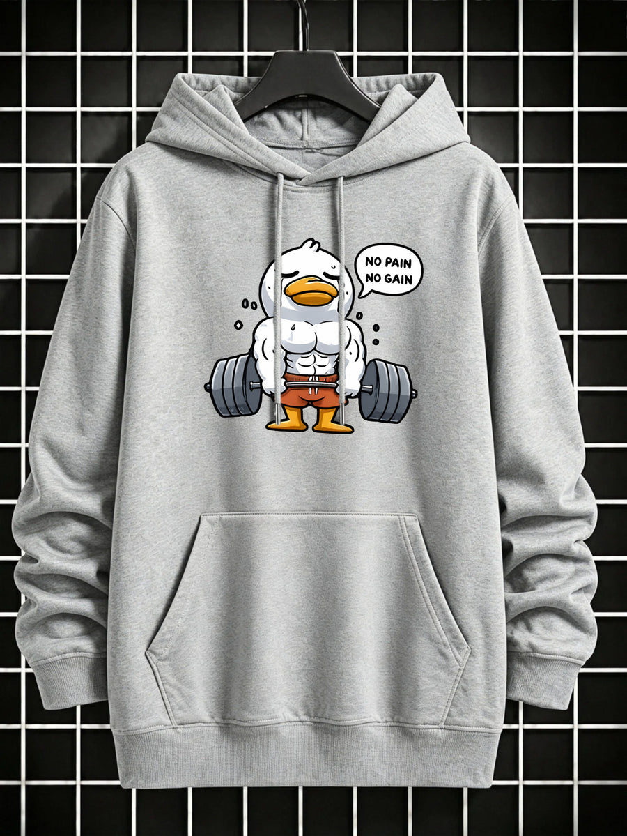 Men'S Hoodie, Fitness Motivation Event, No Pain No Gain Muscular Duck Graphic, Pullover Hoodie, Casual Streetwear Style, Gym And Daily Wear for Fall Winter, Front Pocket And Drawstring Hood Design - Light Grey