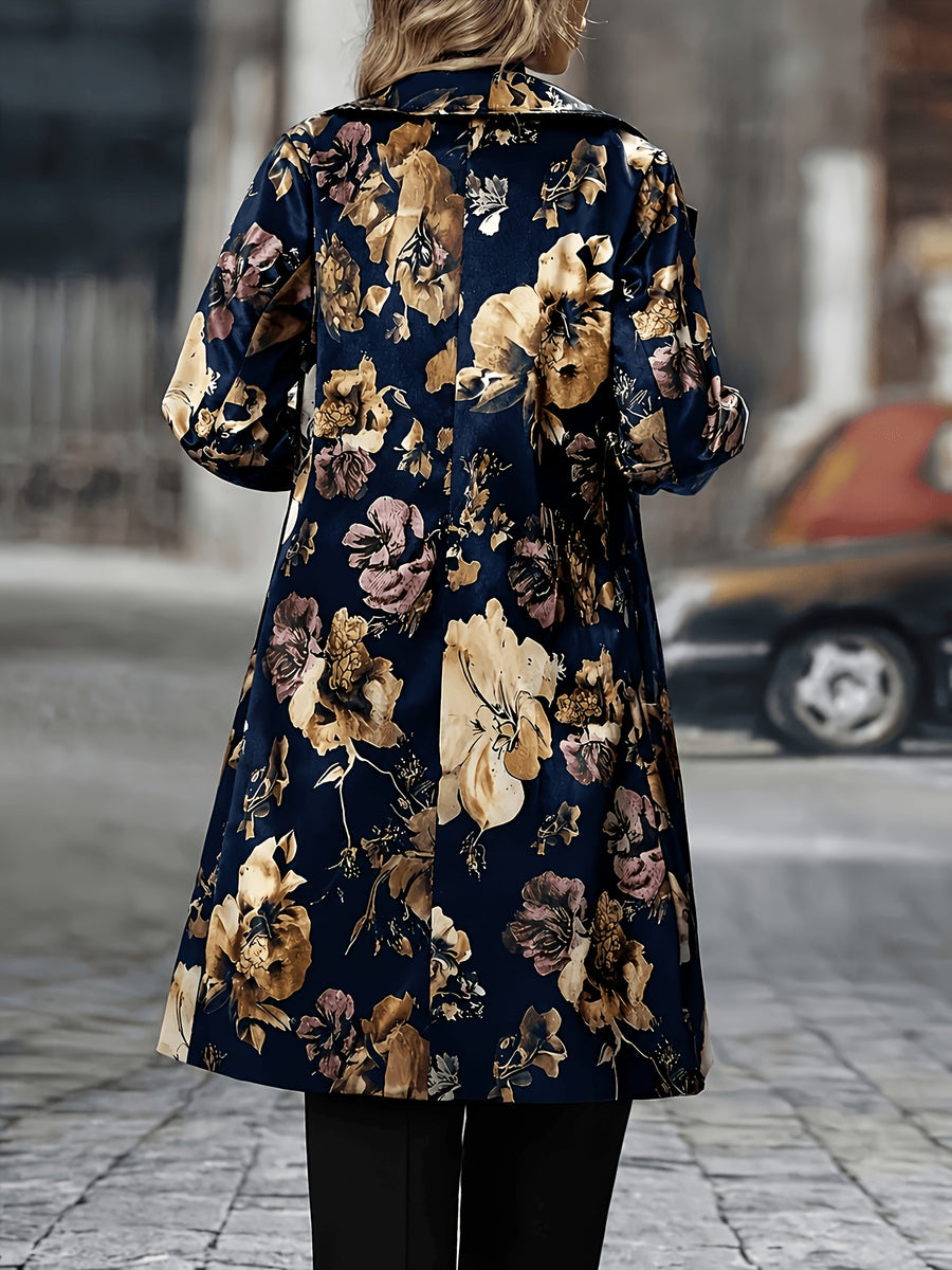 Women'S 2026 New Fashion Printed Blazer - Color-Block Versatile Long Coat with Lapel, Suitable for Casual Outings And Office Wear - Navy Color