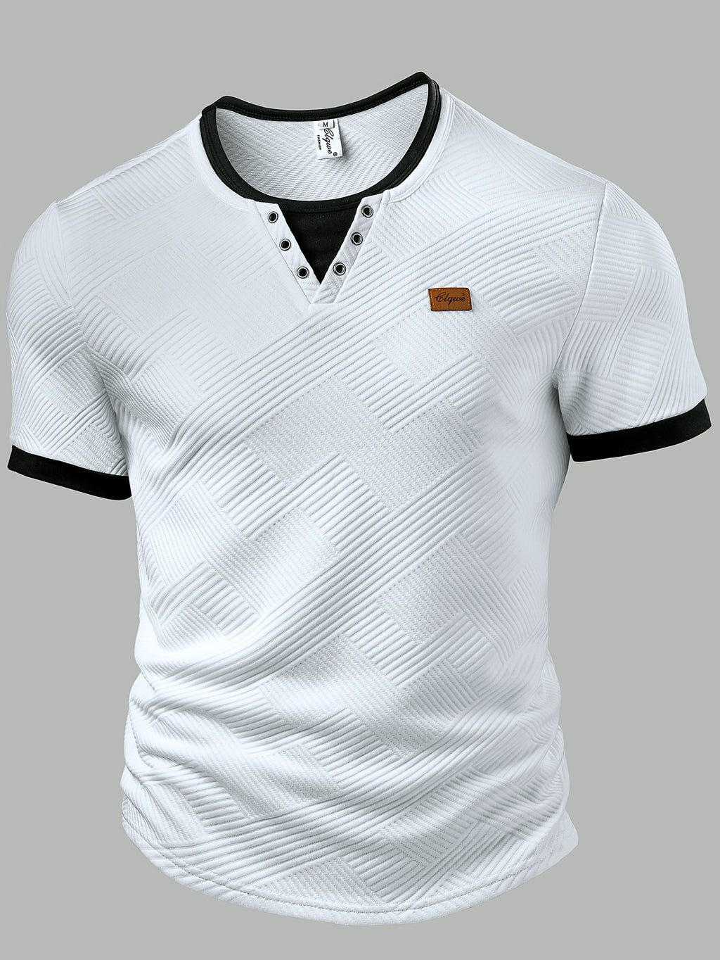 Men'S Fashion Men'S Top, Spring Summer Outdoor Casual Textured Fabric Contrast Patchwork Crew Neck Button Eyelet Decor Short Sleeve Men'S Henley Shirt - White