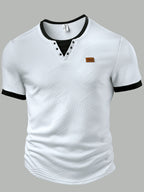 Men'S Fashion Men'S Top, Spring Summer Outdoor Casual Textured Fabric Contrast Patchwork Crew Neck Button Eyelet Decor Short Sleeve Men'S Henley Shirt - White