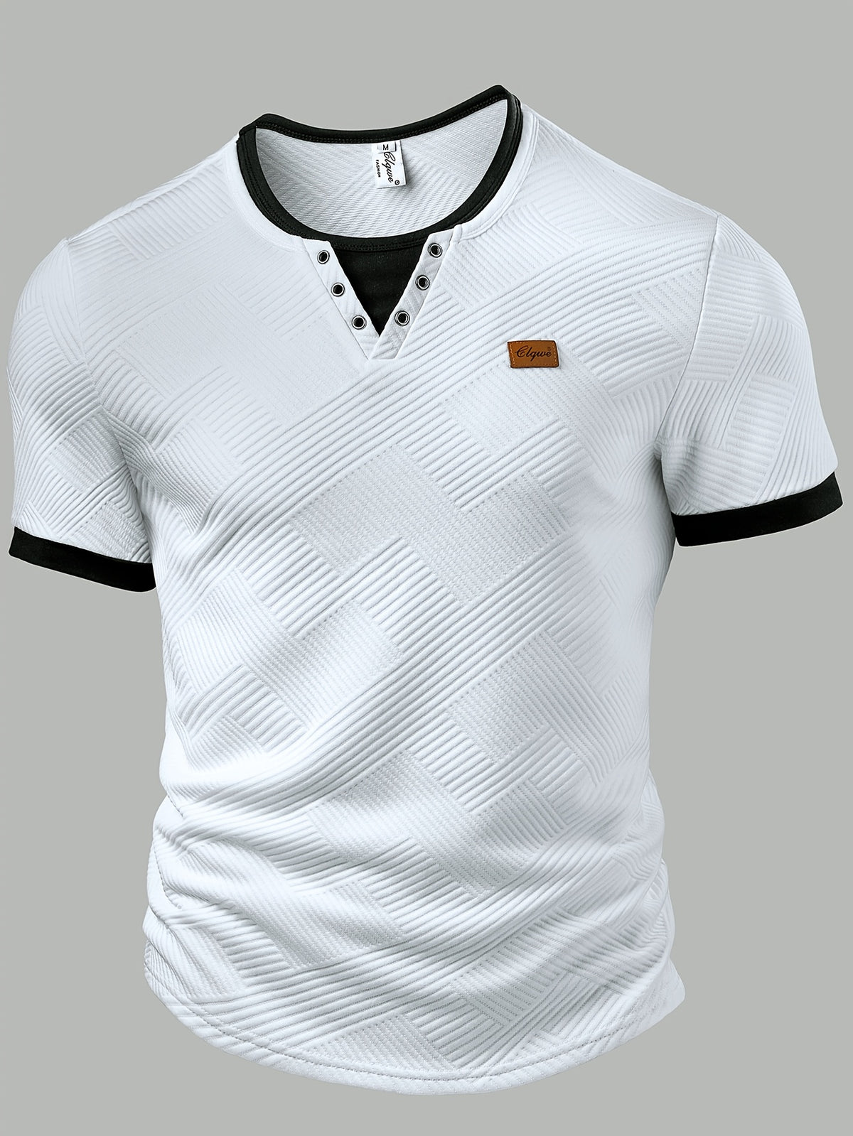 Men'S Fashion Men'S Top, Spring Summer Outdoor Casual Textured Fabric Contrast Patchwork Crew Neck Button Eyelet Decor Short Sleeve Men'S Henley Shirt - White