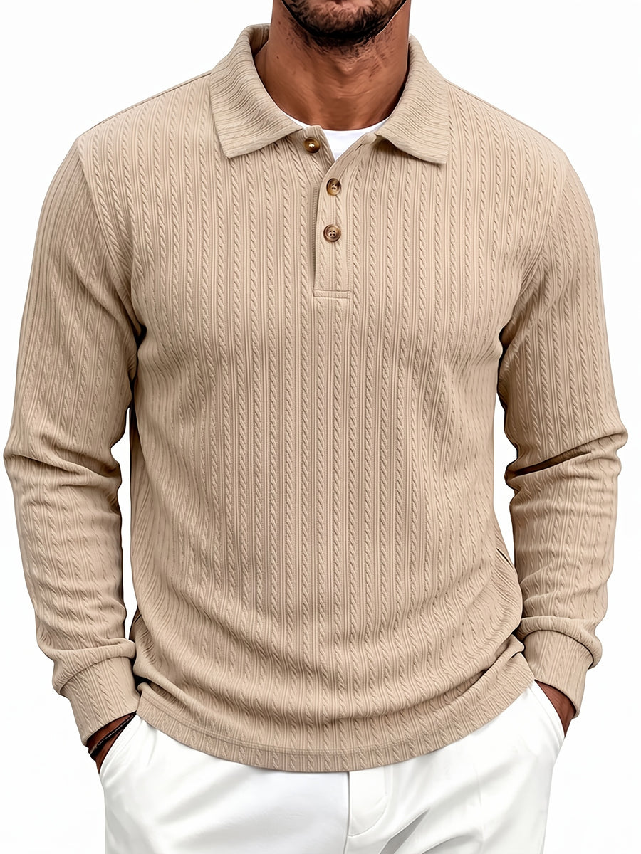 New Autumn Winter Men'S Fashion Casual Outdoor Jacquard Lapel Button-Up Long Sleeve Henley Shirt, Boyfriend Birthday Gift - Khaki
