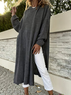 European and American Autumn and Winter Women's Long Hooded Solid Color Pullover Sweater Top - Graphite Color