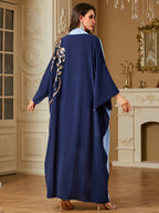 Fashion Contrast Color Patchwork Sequin Bead Bat Sleeve Long Sleeve Loose Dress - Sky Blue
