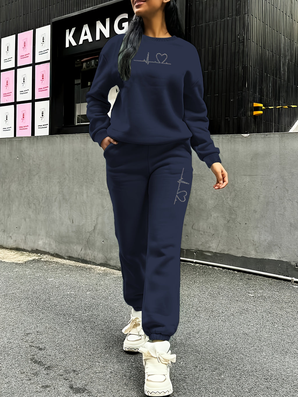 Women's 2pcs Fleece Sweatsuit - ECG Heart Print Warm Winter Tracksuit, Soft Polyester Matching Outfit with Pockets, Machine Washable & Outdoor Sweatsuits (Multiple Colors) for Fall/Winter, 2pcs set - Purplish Blue
