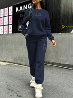 Women's 2pcs Fleece Sweatsuit - ECG Heart Print Warm Winter Tracksuit, Soft Polyester Matching Outfit with Pockets, Machine Washable & Outdoor Sweatsuits (Multiple Colors) for Fall/Winter, 2pcs set - Purplish Blue
