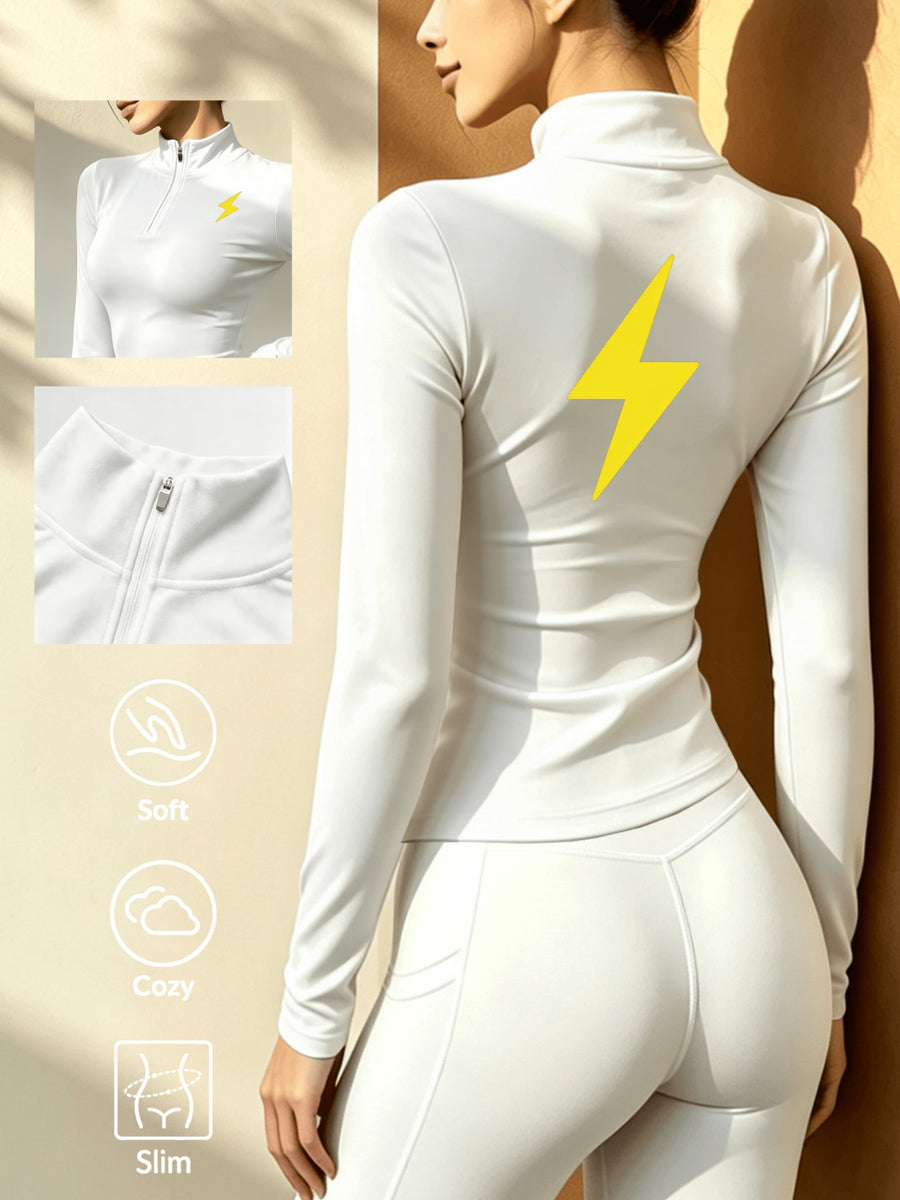 Women'S Solid Color Half-Zipper Long Sleeve Top, Waist-Cinching Warm T-Shirt - White
