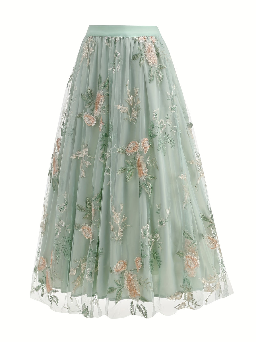 Women'S Elegant Mesh Embroidery Retro Versatile Party Midi Skirt - Light Green