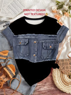 Printed Design - Plain Imitation Denim Frayed Edge Vest Print Black Short Sleeve T-Shirt for Women,  Patchwork Button Pocket Creative Pattern Crew Neck Top, Loose Fit Trendy Versatile Daily Casual Pullover Base Layer - Black