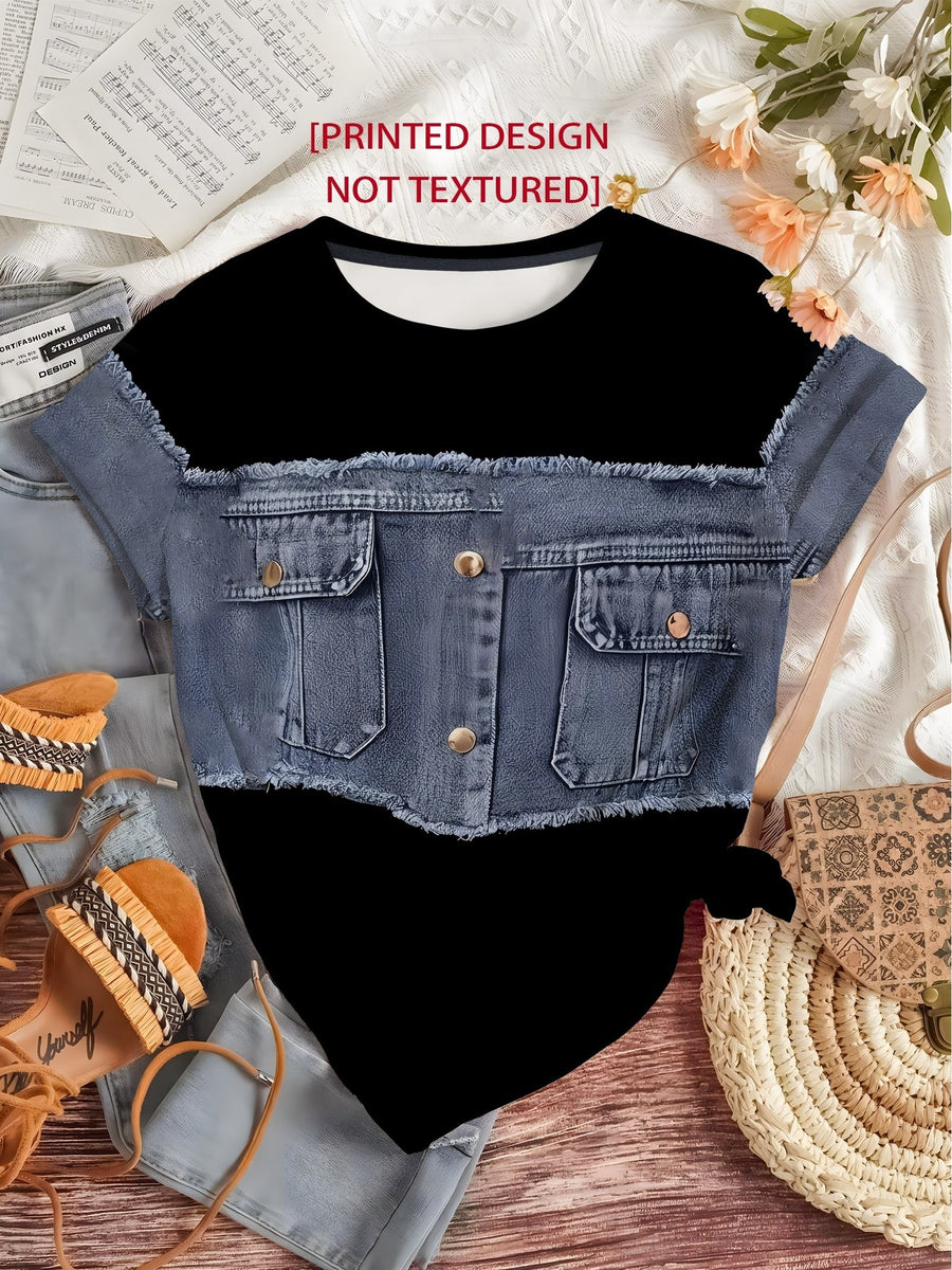 Printed Design - Plain Imitation Denim Frayed Edge Vest Print Black Short Sleeve T-Shirt for Women, Patchwork Button Pocket Creative Pattern Crew Neck Top, Loose Fit Trendy Versatile Daily Casual Pullover Base Layer - Black