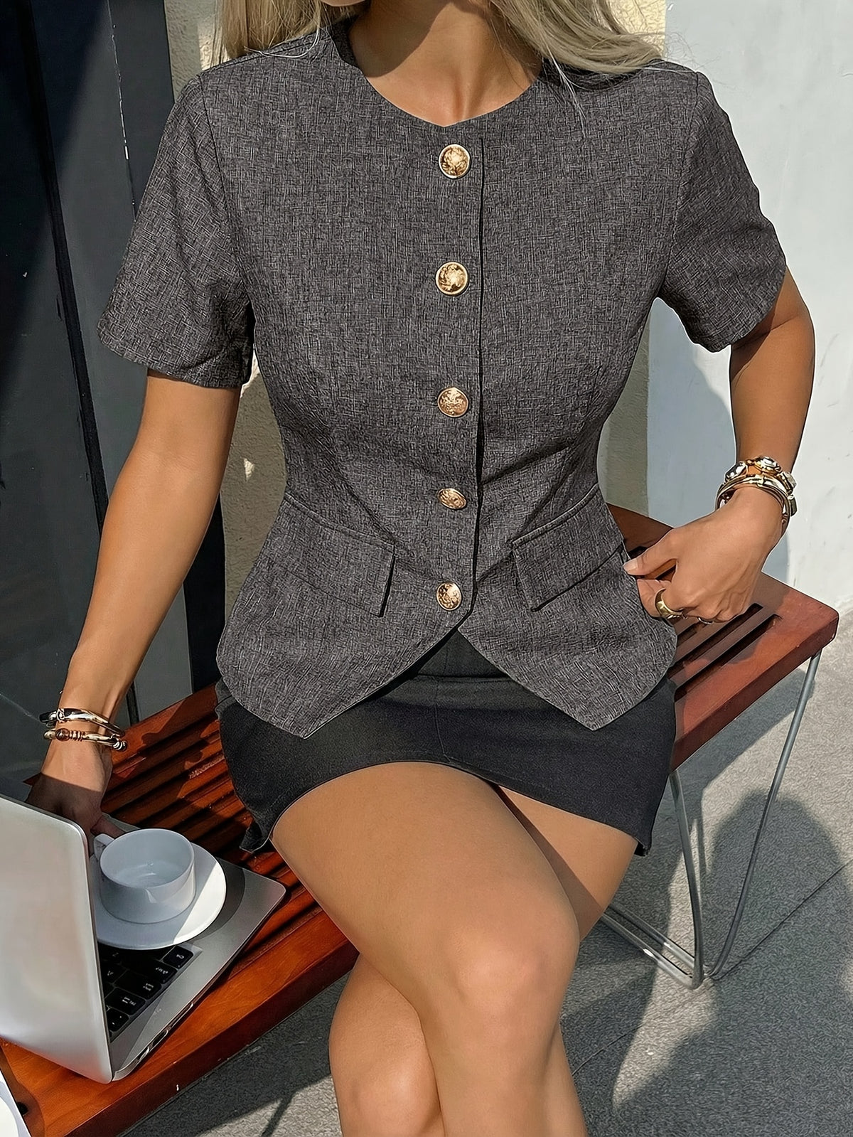 Women's Elegant Short-Sleeve Lightweight Jacket with Golden Buttons, Suitable for Work or Casual Wear, Short-Sleeve Top, Suit, Casual Style Shirt, Crew Neck Shirt, Short-Sleeve Shirt, Button-Front Shirt, Waist-Defined Shirt, Women's Dress Shirt - Dark Gray