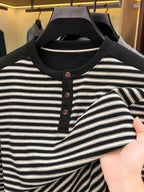 Men's Multi-Color Horizontal Stripe Half-Button Long Sleeve T-Shirt, Henry Collar Design, Comfortable and Soft Knitted Fabric, Business Commute Inner Wear, Middle-Aged Men's Autumn Casual Top - Black