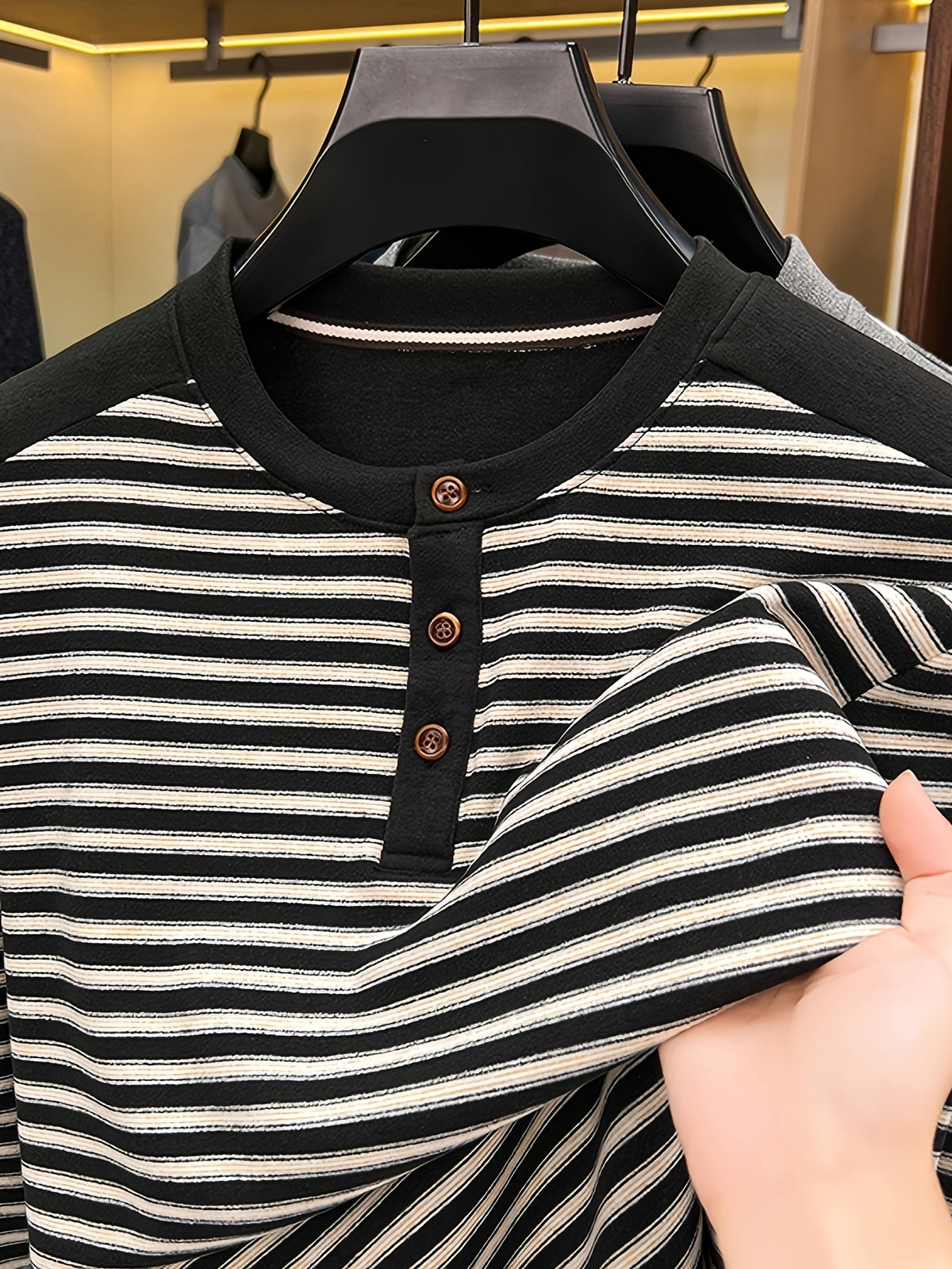 Men's Multi-Color Horizontal Stripe Half-Button Long Sleeve T-Shirt, Henry Collar Design, Comfortable and Soft Knitted Fabric, Business Commute Inner Wear, Middle-Aged Men's Autumn Casual Top - Black