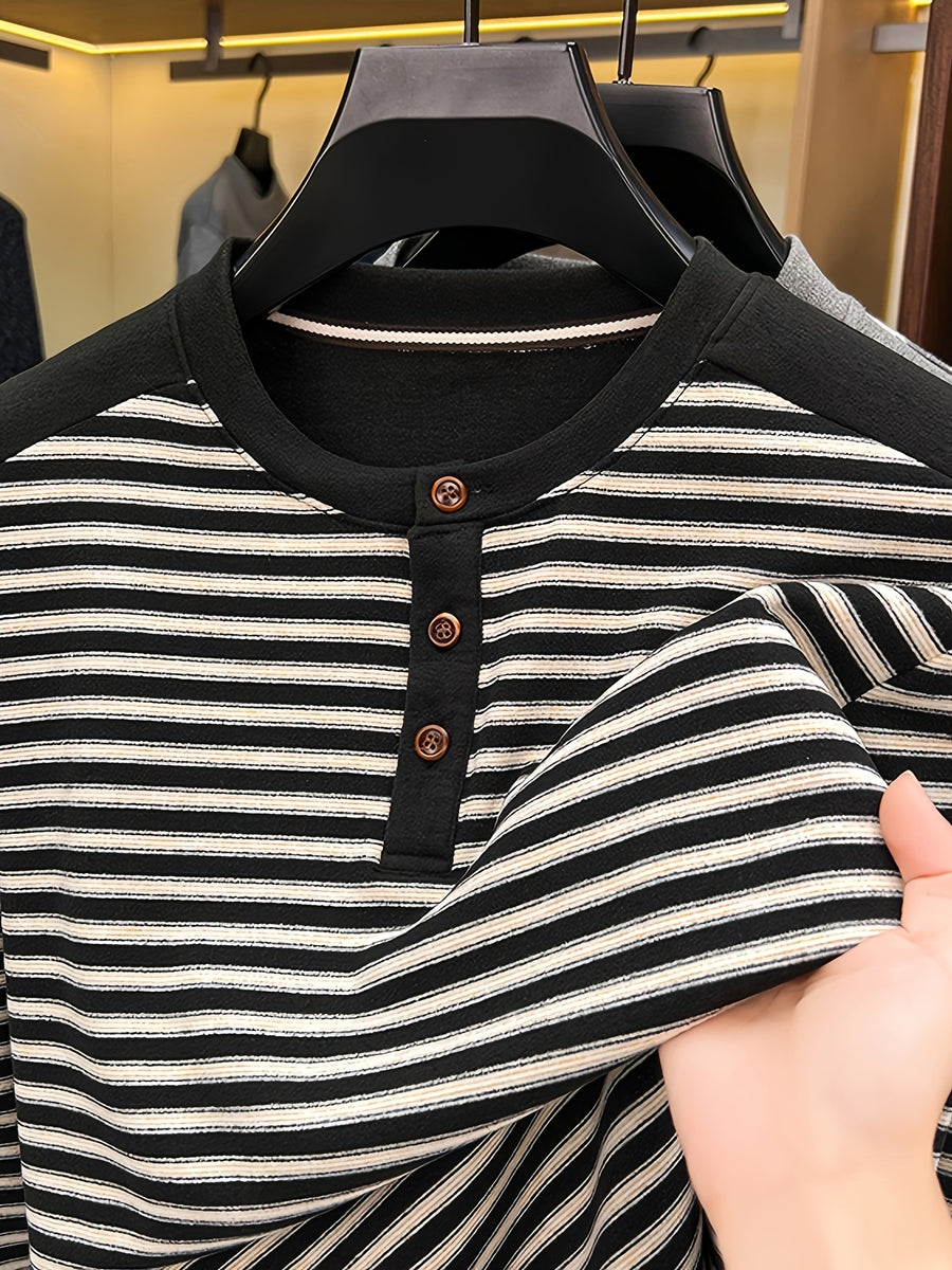 Men's Multi-Color Horizontal Stripe Half-Button Long Sleeve T-Shirt, Henry Collar Design, Comfortable and Soft Knitted Fabric, Business Commute Inner Wear, Middle-Aged Men's Autumn Casual Top - Black