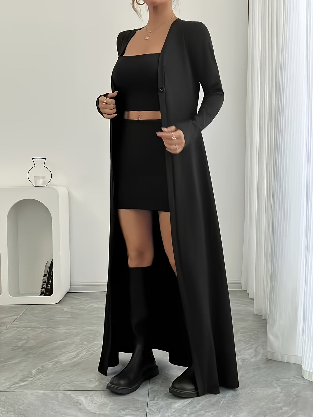 New Spring/Autumn Women's European and American Style Daily Solid Color Long Button-Up Cardigan, Long Sleeve, Slim Fit, Casual Commuter Outerwear - Black