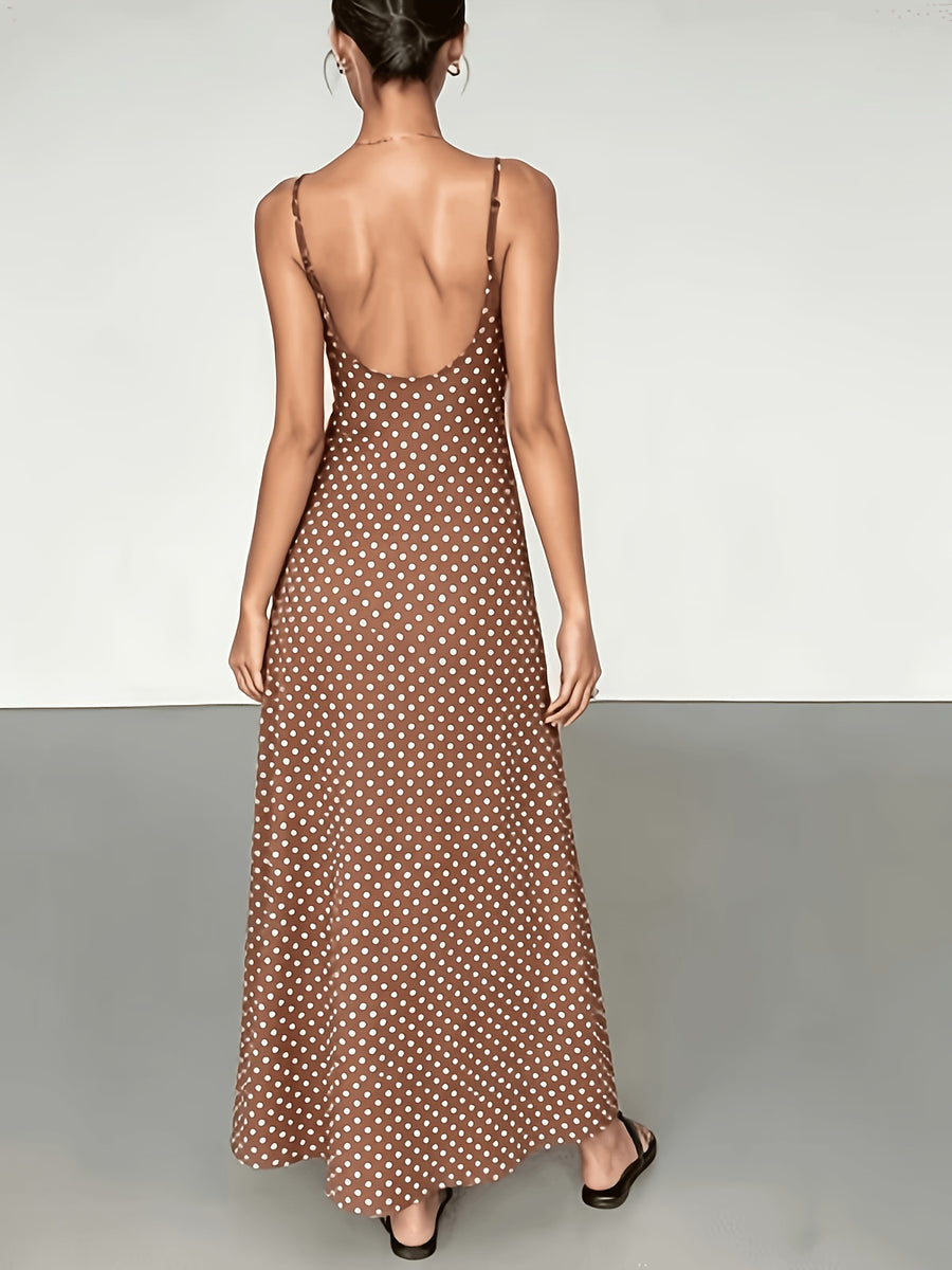 Women'S Polka Dot Print Cami Backless Temperament French Dress, Women'S Summer Long Slim Waist-Cinching High-End Design Printed Skirt, Travel Vacation Long Dress - Mixed colors