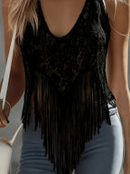 Elegant Special: Fashionable Slim-Fit V-Neck Lace Tank Top, Elegant and Comfortable Fringe Sleeveless Top, Versatile Summer Tank Top, Stylish and Comfortable Top, Simple and Elegant Tank Top, Versatile and Elegant Top, Suitable for Daily Casual - Black