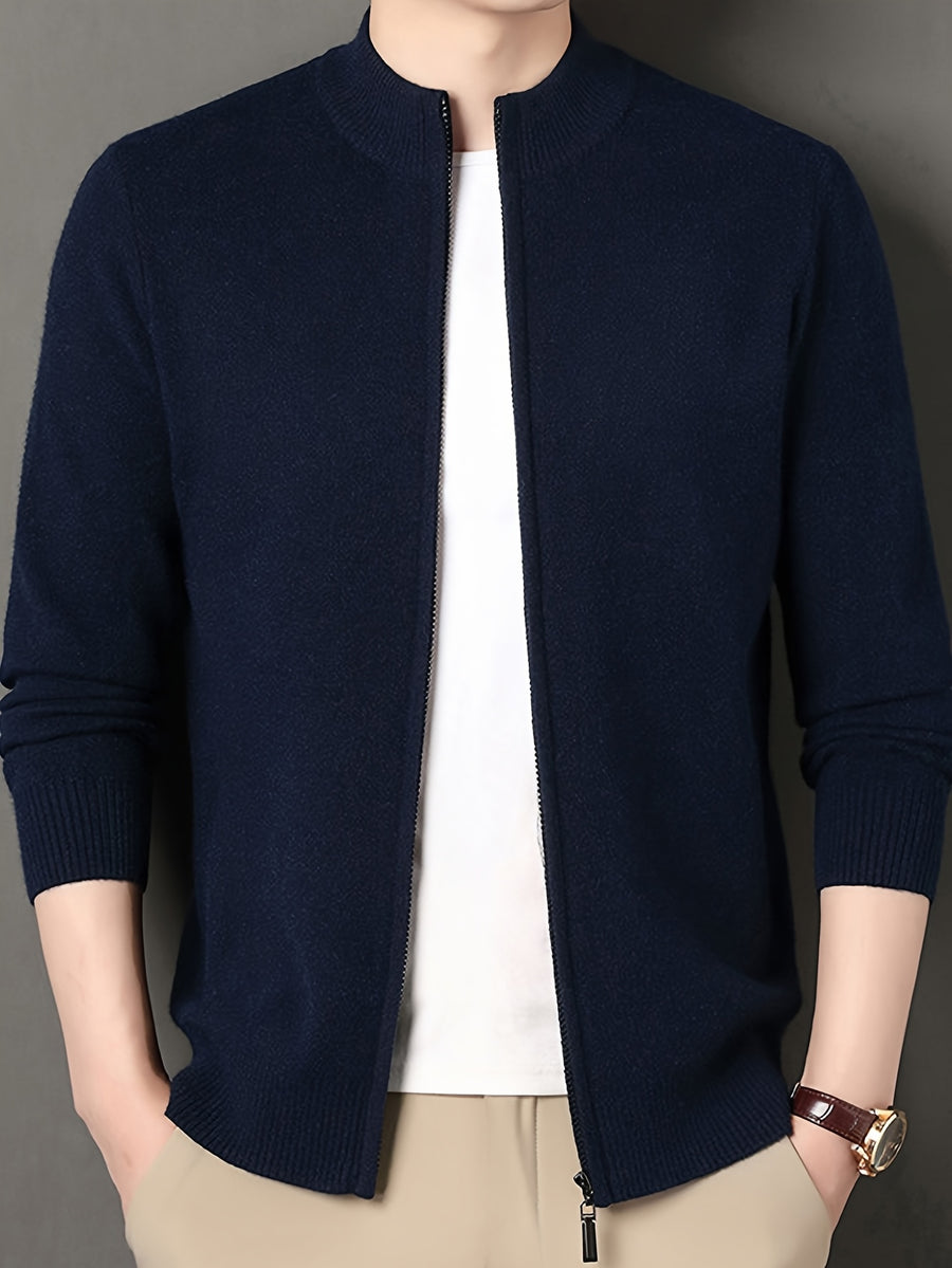 Men's Stand Collar Zipper Solid Color Knit Cardigan, Business Casual Style, Simple Solid Color, Slim Fit Not Tight, Versatile and Practical - Shangqing