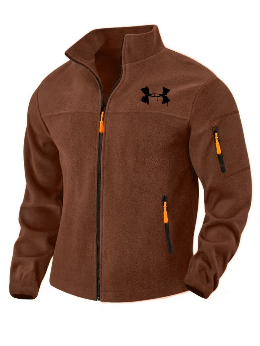 Men'S Autumn Winter Trendy Fleece Jacket, All-Match Style with Multiple Pockets, Casual Commute Top, New Men'S Techwear Stand-Collar Jacket with Full Zipper, Fashionable Print Top - Rust