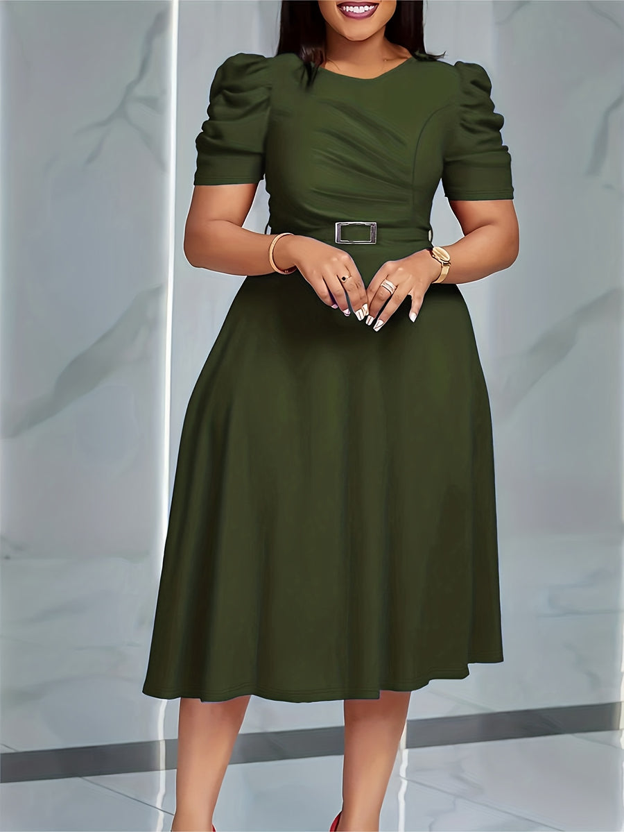 Women'S Elegant V-Neck Ruched Midi Dress, Solid Color Short Sleeve, Waist-Cinching Belt, Flowing Skirt, Perfect Spring Summer Outfit, Adult Fashion, Comfortable Daily Elegant Waist-Cinching Dress, Ruched Detail - Olive Green