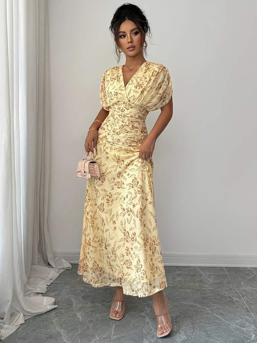 Women'S Spring Summer Elegant French Vacation Style Loose V-Neck Off-Shoulder Ruched A-Line Long Dress - Yellow