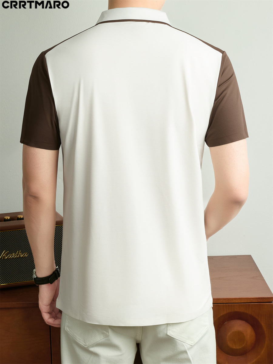Cartama CRRTMARO New Summer Men's Short Sleeve Polo Shirt, Lapel Collar, Simple Business Casual High-End Breathable Half-Sleeve T-Shirt, Men's Apparel, Tianmai - White & Coffee