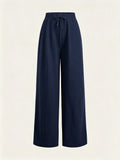 Summer High-Waisted Wide-Leg Pants for Women, High-Quality Draped Loose Straight-Leg Trousers, Casual Pants, Thin Style + Talan - Navy Color