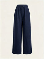 Summer High-Waisted Wide-Leg Pants for Women, High-Quality Draped Loose Straight-Leg Trousers, Casual Pants, Thin Style + Talan - Navy Color