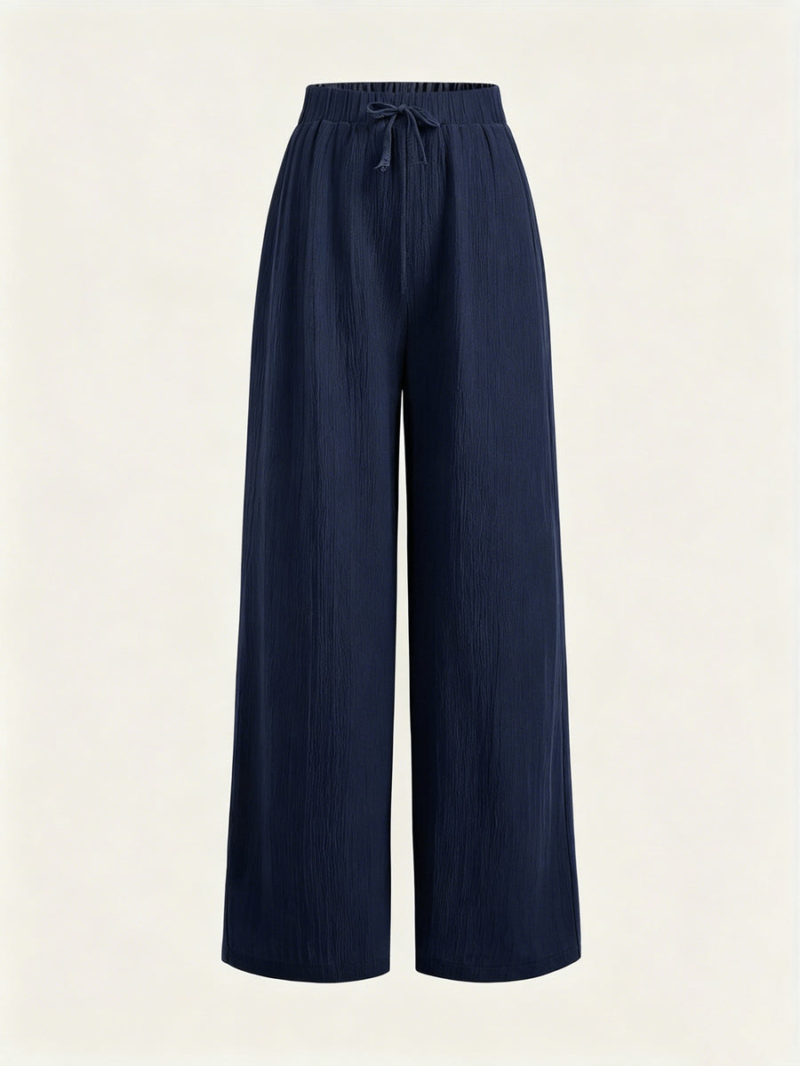 Summer High-Waisted Wide-Leg Pants for Women, High-Quality Draped Loose Straight-Leg Trousers, Casual Pants, Thin Style + Talan - Navy Color