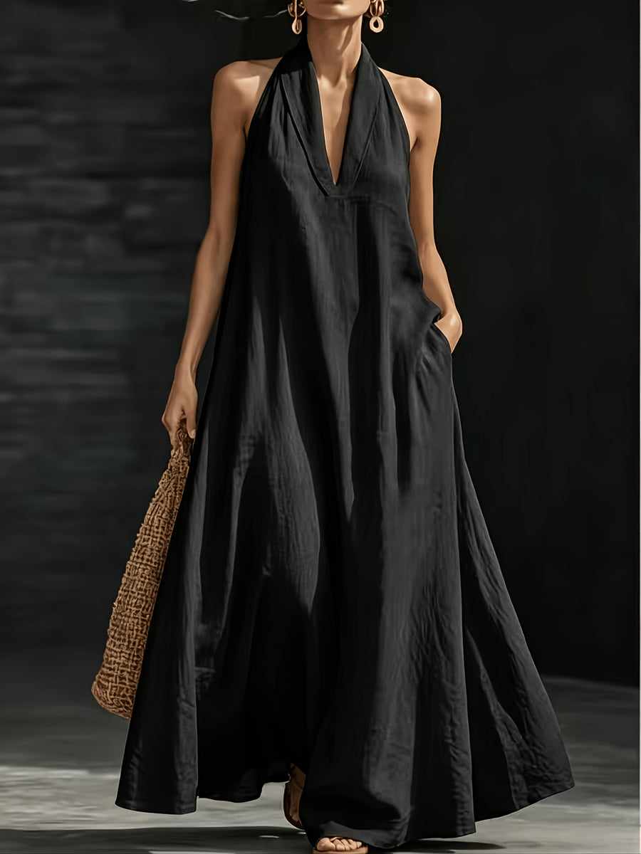 Women's Summer V-Neck Linen-Look Maxi Dress with Hidden Pockets - Black