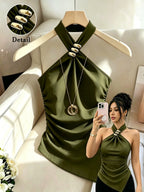 Women'S Solid Color Halter Slim Off-Shoulder Elegant Asymmetrical Hem Top, Side Waist Cinched Ruched Blouse, Metal Decor Button Design, Suitable for Dates, Gatherings, Commuting, Casual Fashion Versatile Premium Style - All-Season - Olive Green
