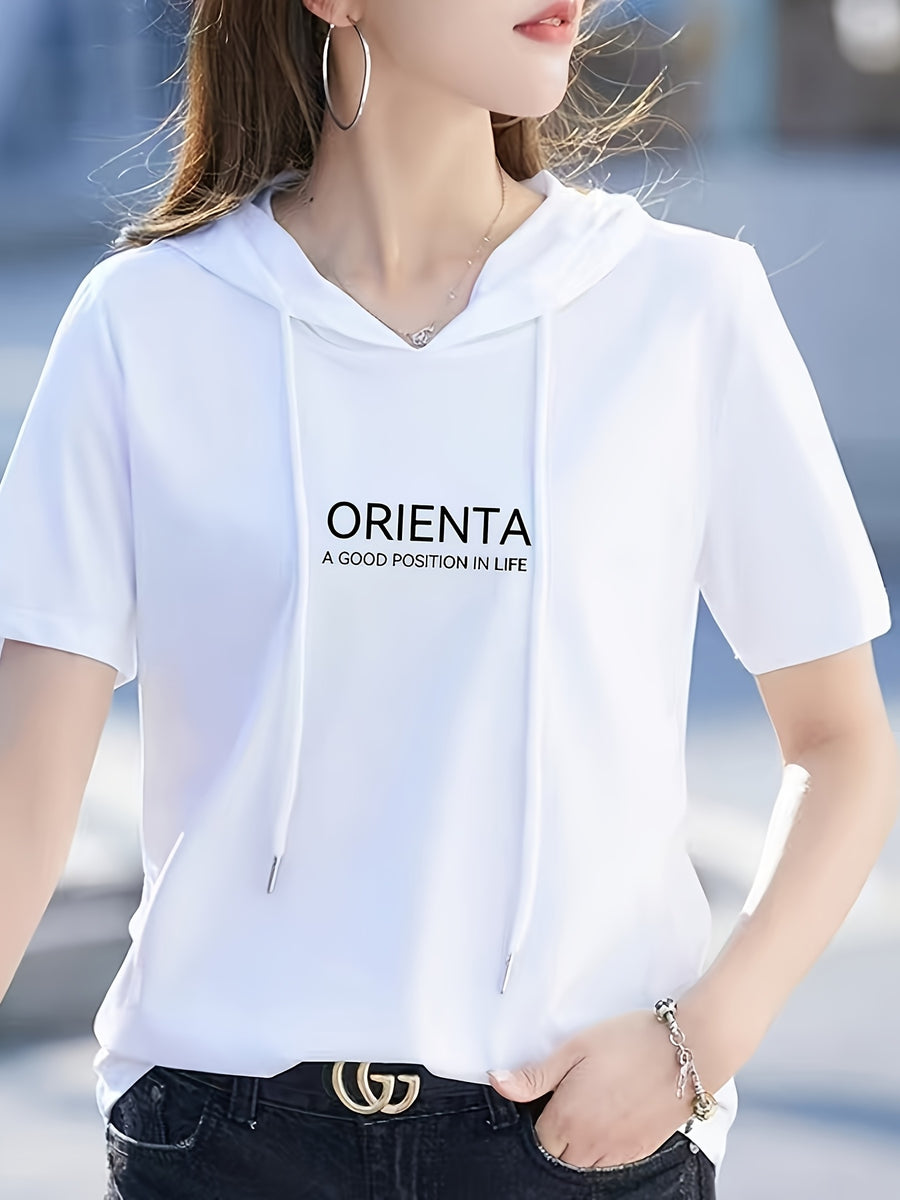 Summer New Korean Version Loose Short Sleeve Thin Trendy Printed Hooded T-Shirt Casual Drawstring Loose Short Sleeve Shirt for Women Regular - White