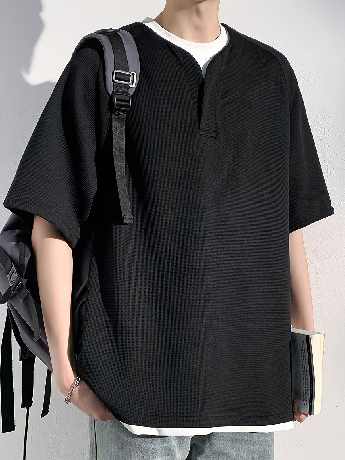 Men'S Summer Short-Sleeve Faux Two-Piece Polo Shirt Sweatshirt - Black
