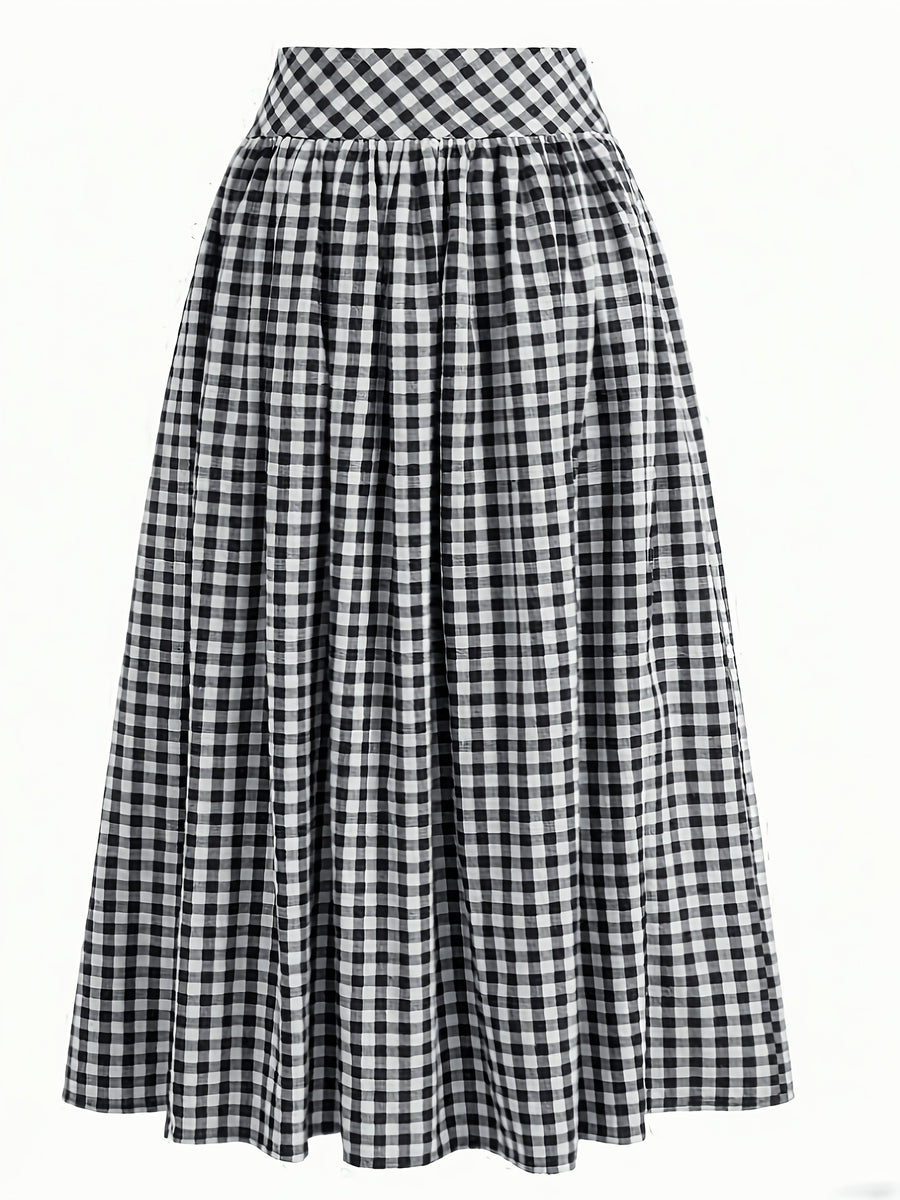Women's French-Style Plaid Casual Ruffle Hem Drawstring Versatile Skirt, Suitable for Dates, Beach, and Other Occasions - Deep Grey