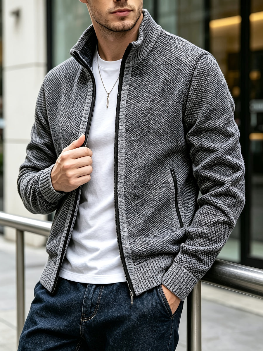 Men's Autumn and Winter Mixed Color Knitted Sweater, Comfortable and Warm, Very Durable Knitted Texture Sweater Jacket, Casual Style, Versatile for Daily Commuting Winter Clothes for Men - Light Grey