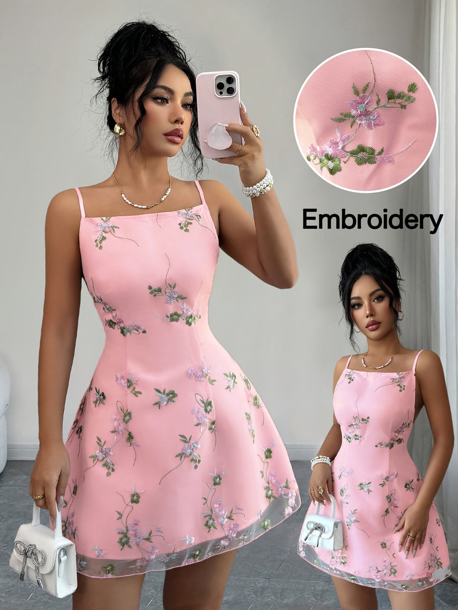 Women's Elegant Off-Shoulder -Line Mini Dress with Waist Embroidery & Flared - Suitable for Wedding Guest Dresses, Cocktail Outfits, Birthday, Prom, Valentine's Day, Machine Washable Wedding Season Attire - Pink