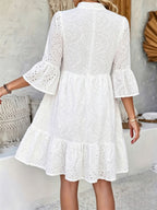 Women's White Hollow Embroidered Notch Collar Multi-Layer Split A-Hem Dress for Spring - Milky