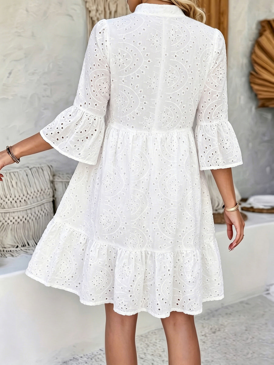 Women's White Hollow Embroidered Notch Collar Multi-Layer Split A-Hem Dress for Spring - Milky