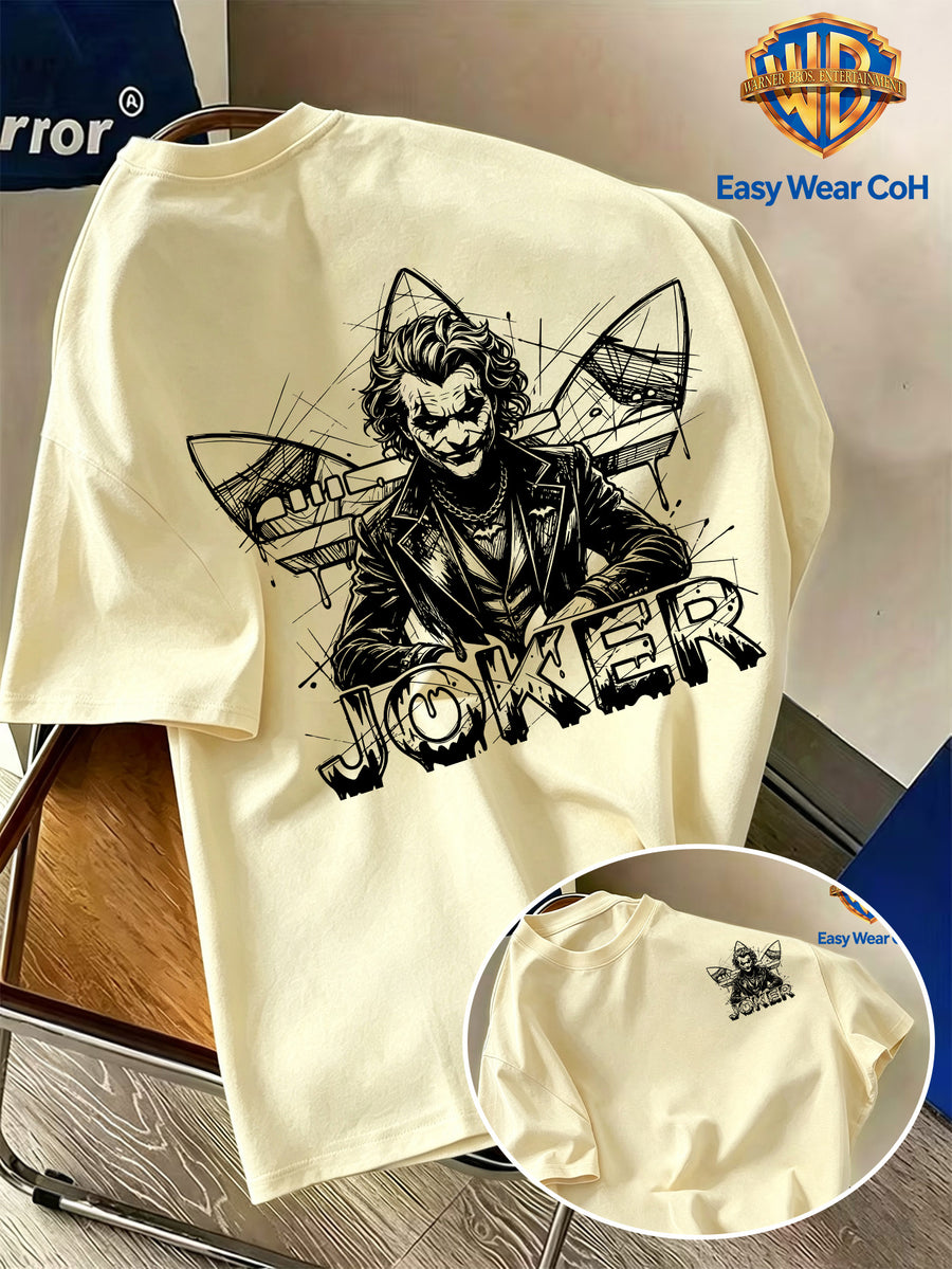 Warner Bros. Official New Academic Style Men's Short-Sleeve T-Shirt, Featuring a Unique Dark Graffiti Clown Design with "JOKER" Text, a Creative and Niche Print That's Hard to Replicate. Made from Comfortable, Breathable, and Skin-friendly Fabric - Apricot