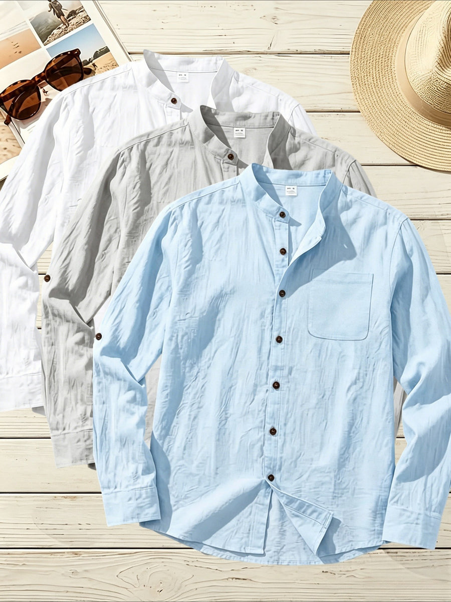 3pcs Men's Stand Collar Long Sleeve Linen Shirt for Travel, Vacation, Shopping, and Work Wear, Lightweight, Breathable, and Anti-Stuffy, Casual Relaxed Style, Spring/Summer Loose Straight Fit, Roll-Up Sleeve Design with Chest Pocket, Multiple Colors - White+Gray+Blue