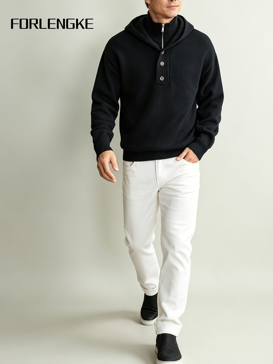 FORLENGKE Men'S Urban Wandering Commuter Style Hooded Half-Zip Knit Sweater, Adjustable Hood with Buckle, Heavy Knit for Temperature Fluctuations, Comfortable for Long Sitting, Suitable for Commuting, Exhibitions, Cafes, Social Gatherings - Black