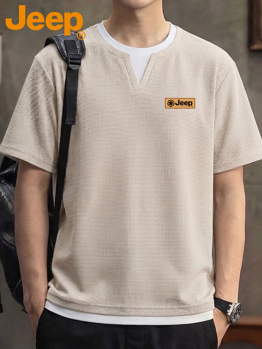 JEEP Men's Summer Waffle Knit 2-in-1 Look Short Sleeve T-Shirt - Apricot
