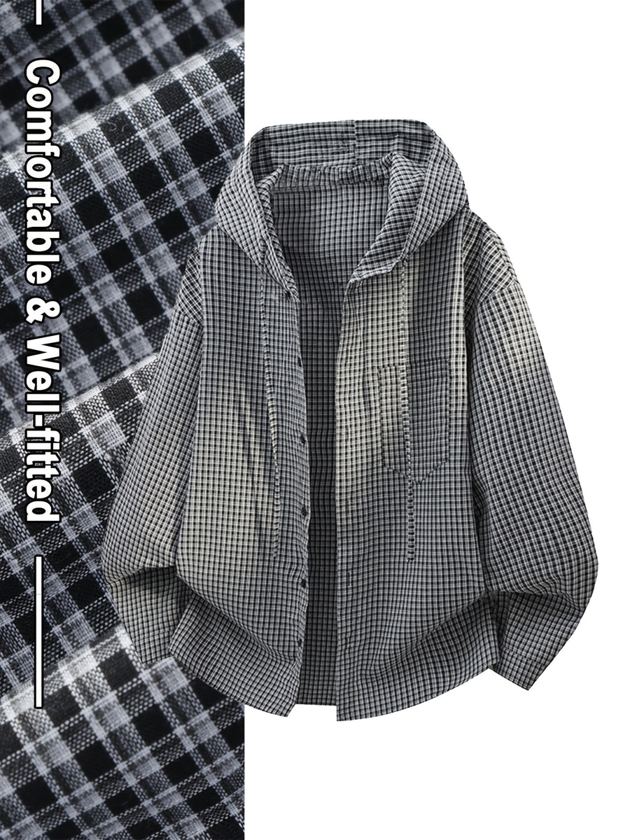 Men'S Casual Plaid Shirt, Loose Hooded Plaid Shirt - Black