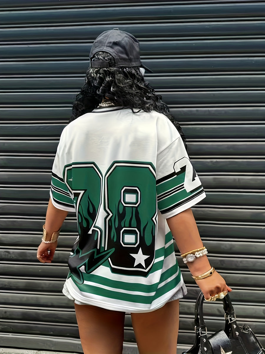 Women'S Top Casual Color-Block Striped Letter And Number Print Short Sleeve Women'S T-Shirt - Green