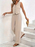 Latest 2pcs Set, Sleeveless Vest + Wide-leg Pants, Versatile, Machine Washable - Khaki