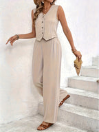 Latest 2pcs Set, Sleeveless Vest + Wide-leg Pants, Versatile, Machine Washable - Khaki