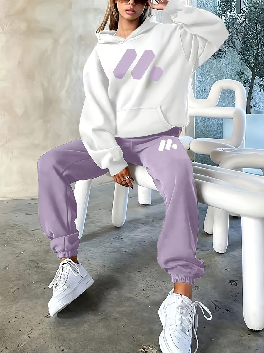 2025 Fall/Winter New Geometric Pattern Casual Letter Print Loose Warm Long Sleeve Hooded Sweatshirt and Drawstring Elastic Waist Pants Women's Two-Piece Set - White, Purple