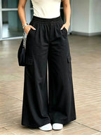 Women's High-Waisted Wide-Leg Cargo Pants with Multi-Pocket Patchwork Design - Soft Floor-Length Trousers, Loose Straight-Leg Pants Suitable for - Wear, Machine Washable for Outdoor, Travel & Everyday Use - Black