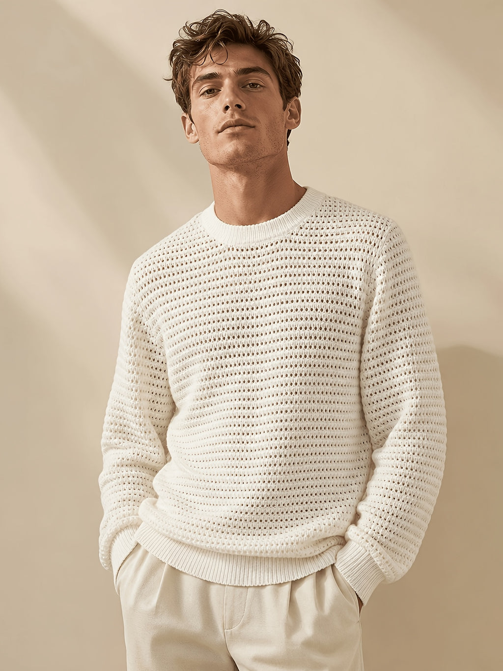 White Men'S Waffle Mesh Knit Top, Round Neck Long Sleeve Loose Casual Breathable Pullover Sweater - White