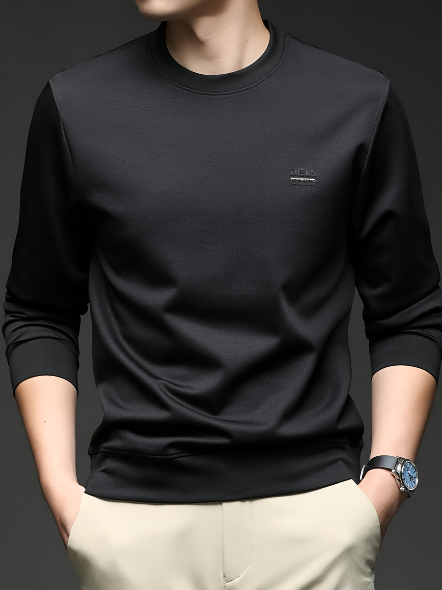 [Saa Xing OBM] 1pc Spring/Autumn New Men'S Sweatshirt, Solid Color Round Neck Long Sleeve Men'S Business Casual Fashion Breathable All-Match Pullover Base Layer Top, Suitable for Spring And Autumn, Single Wear Or Inner Layer, Fits Daily And Casual - Black